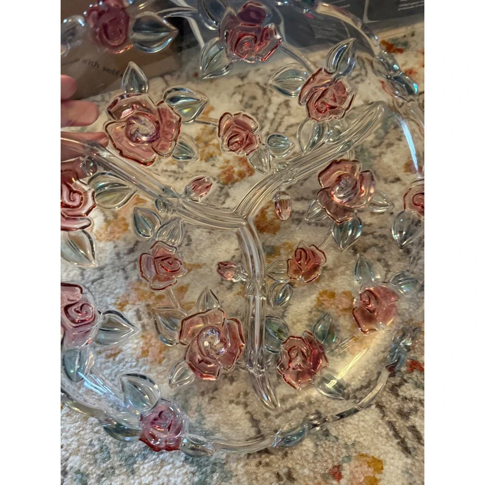 Vintage Style Pink Embossed Rose Iridescent Glass 3 Section Divided Serving Tray